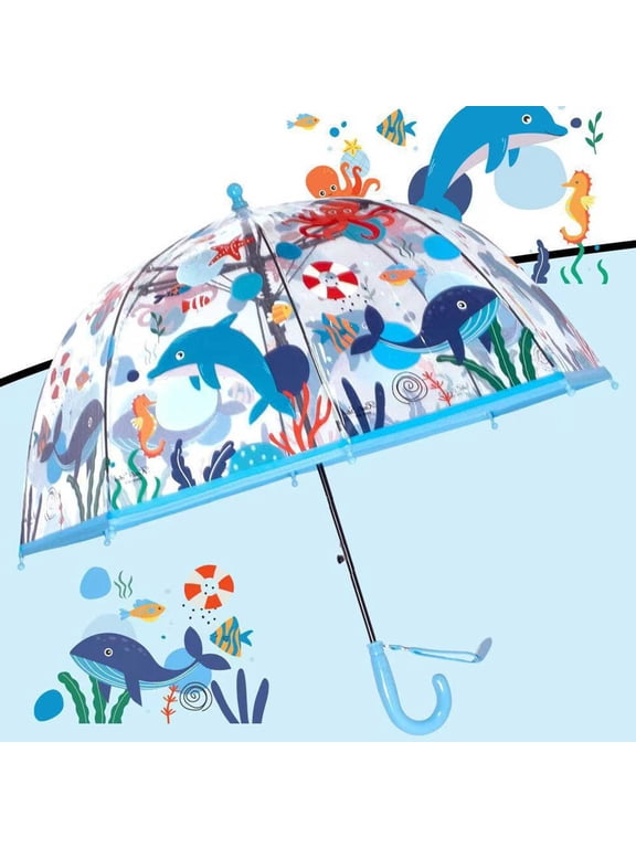 Transparent Bubble Umbrella, Long Handle Dome Umbrella, Waterproof Clear Umbrella with Ocean Print, 8 Ribs Windproof Umbrella for Outdoor