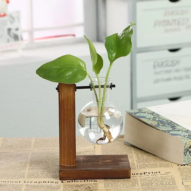 transparent-bulb-vase-with-wooden-stand-desktop-glass-planter-for