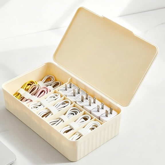 Transparent Cable Organizer Box, Divided Storage with Lid, Charging Cord Holder for Desk Bedroom, Wire Management Box for Power Strips, Hidden Electronics Enclosure​, Beige
