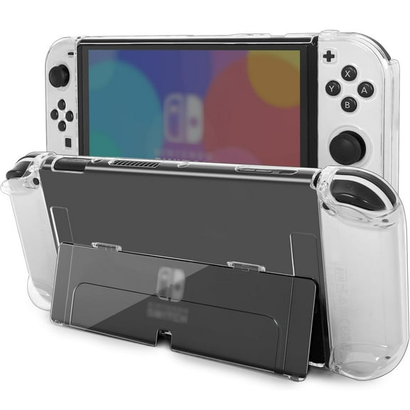 Transparent Case for Switch OLED, Dockable TV Base, Clear Protective Case, Comfort Grip Case with Shock-Absorption and Anti-Scratch Design-Clear