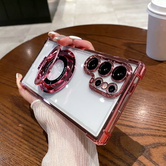 Transparent Case for Samsung Galaxy S25 Ultra, Compatible with MagSafe, Luxury Plating Shockproof Clear Slim Phone Cover with Magsafe Stand & Camera Lens Protector for Women Girls, Pink