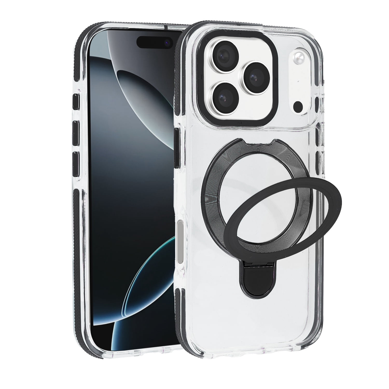 Transparent Case with Wireless Charging Kickstand for iPhone 17 Pro Max - Black