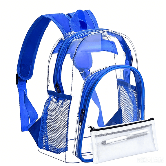 Transparent Clear School Backpack, Water-Resistant PVC Plastic, Backpack and Pencil Case Set Reinforced Shoulder Straps Back to School M Blue