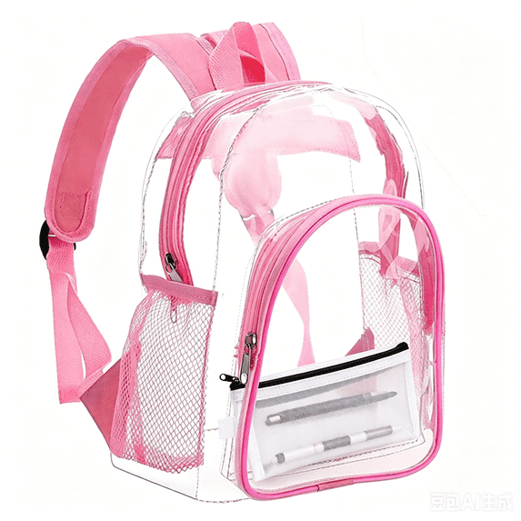 Transparent Clear School Backpack, Water-Resistant PVC Plastic, Backpack and Pencil Case Set Reinforced Shoulder Straps Back to School M Pink