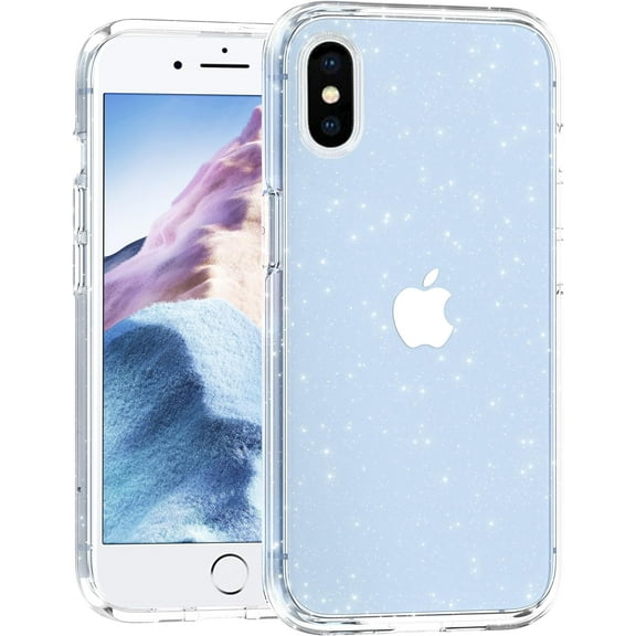 Transparent Clear Sparkly Clear Case for Apple iPhone X Clear Glitter Case, [Yellow Resistant] Hard Back Cover Soft Bumper, Shockproof Slim Bling Case for Apple iPhone X