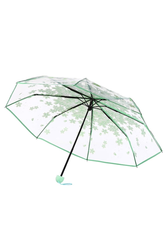 Transparent Clear Umbrella, Green Cherry Blossom Print 3-Fold Umbrella, 93cm/36.6in Diameter, Compact Portable Rain Umbrella Sun Umbrella for Beach, Shopping, Outdoor Activities, Windproof Umbrella