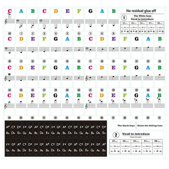 Transparent Colorful Piano Keyboard Stickers Note for 88/61/54/49/37Key Beginner