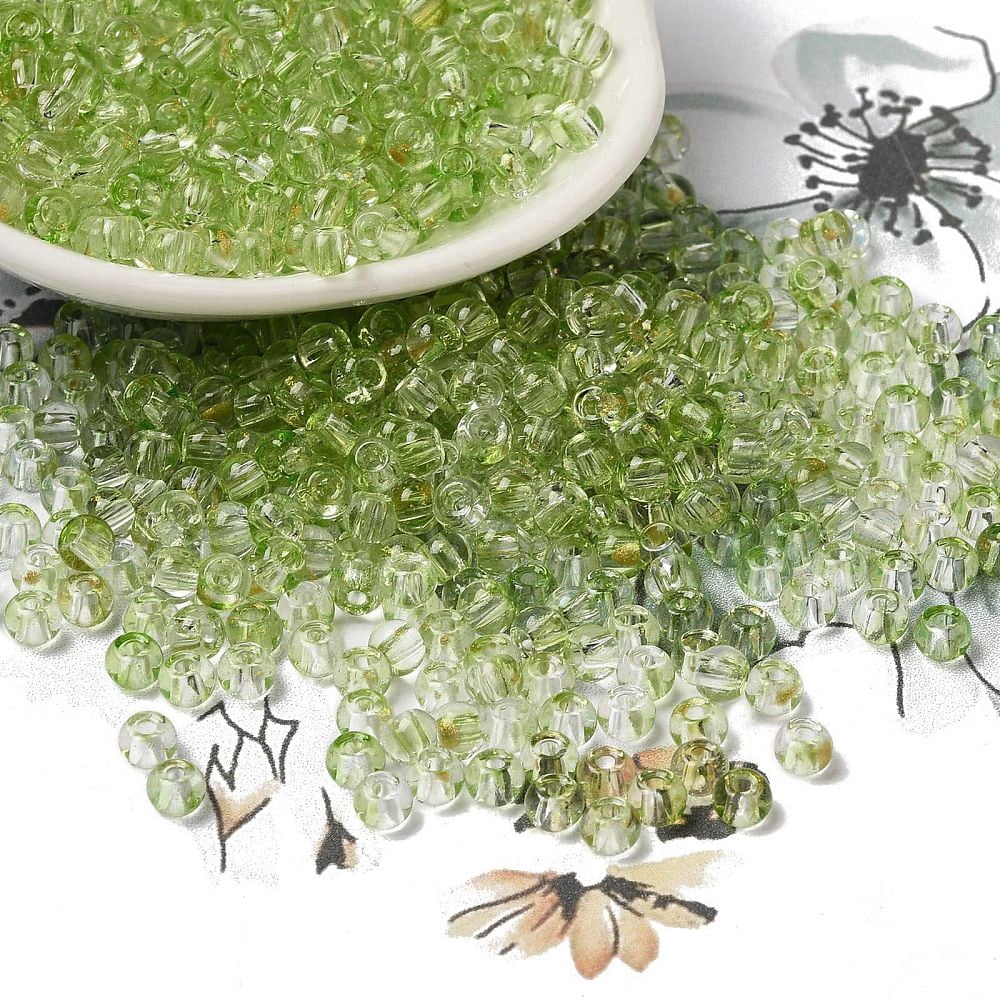 Transparent Colours Glass Round Beads with Glitter Powder Round Hole Lawn Green 4x3mm Hole: 1.4mm 4500pcs/pound