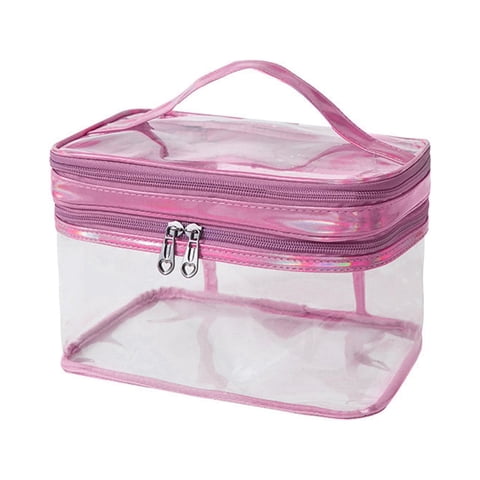 Transparent Cosmetic Bag Double-layer, Waterproof PVC Makeup Pouch with Zipper, 3.96" Height Lower Layer for Travel