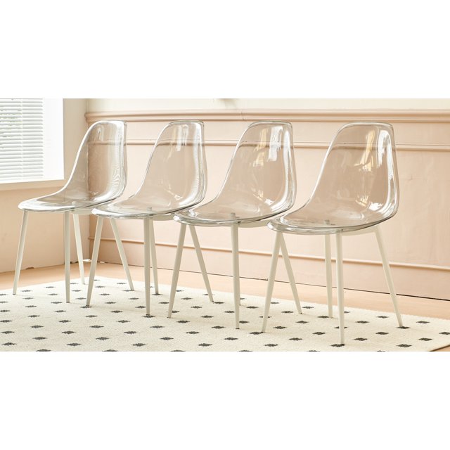 Transparent Dining Chair Set of 4, Acrylic Accent Side Chair with Metal