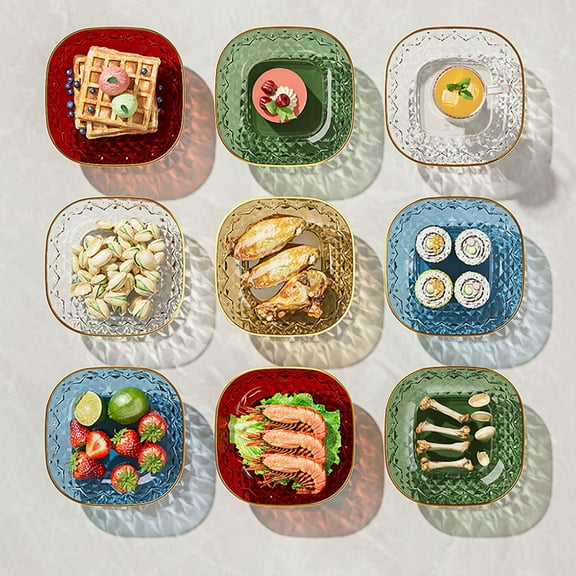 Transparent Dinner Plates, Food Grade Plastic Snack Dishes, Square Gold Rim Design for Home Use,Vsgery