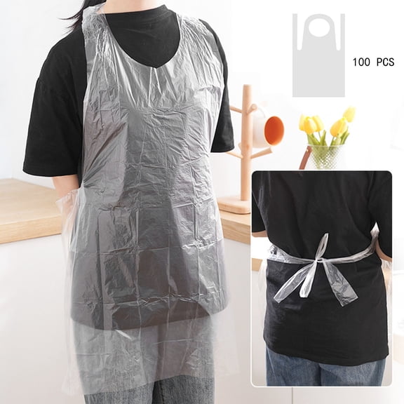 Transparent Disposable Aprons 100-Pack | Heavy Duty Plastic Sleeveless Kitchen Aprons for Adults | Clear Cooking Aprons for Baking, Crafts, Restaurants