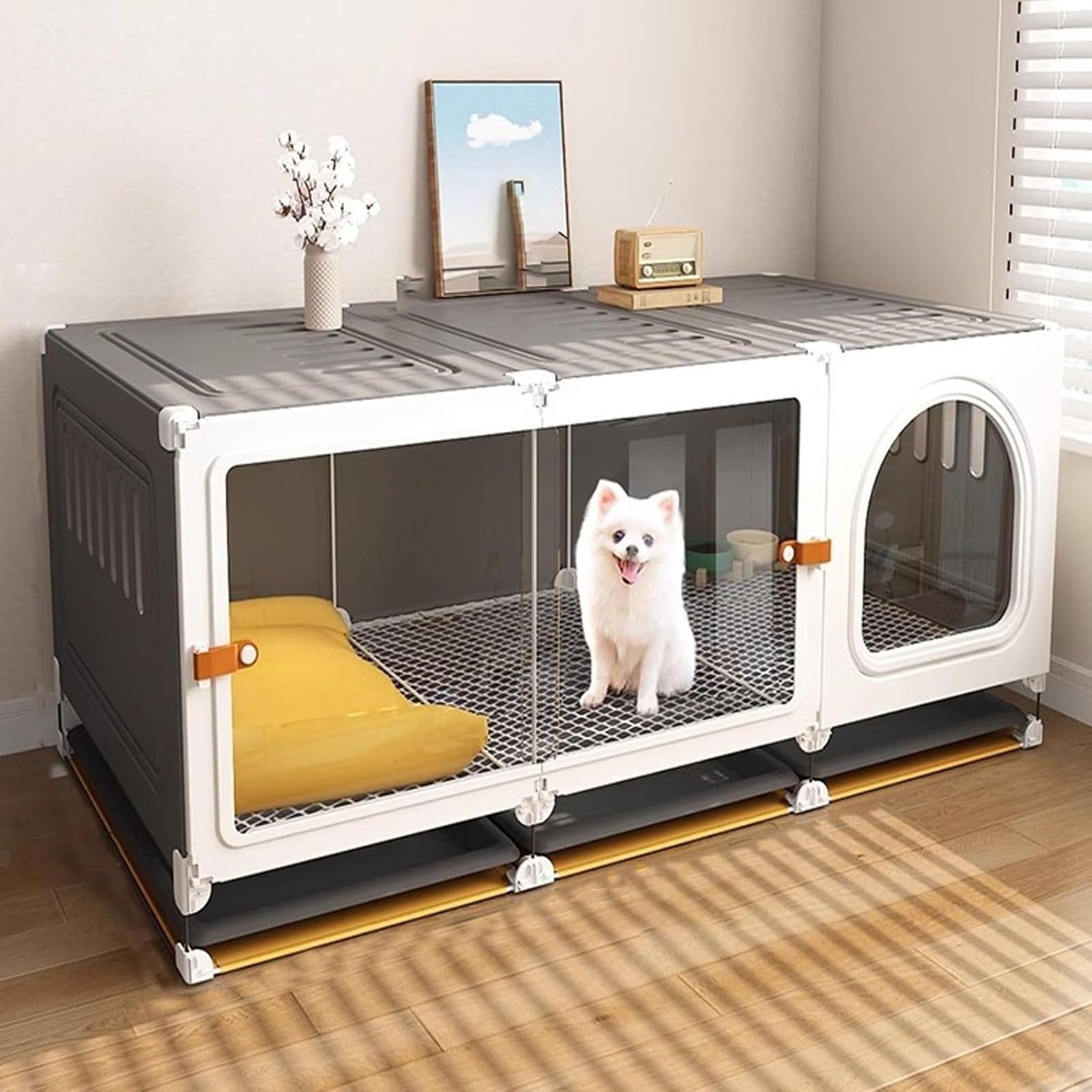 Transparent Dog Cat Cage -Spacious Metal Pet Cage for Rabbits, Breathable Walls Pet Playpen with Pull-out Tray, Indoor/Outdoor Kennel Enclosure for Small Animals