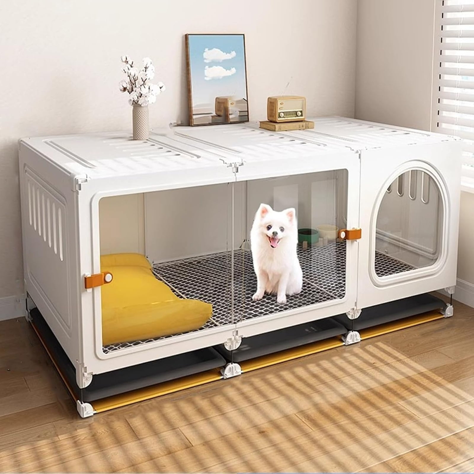 Transparent Dog Cat Cage -Spacious Metal Pet Cage for Rabbits, Breathable Walls Pet Playpen with Pull-out Tray, Indoor/Outdoor Kennel Enclosure for Small Animals