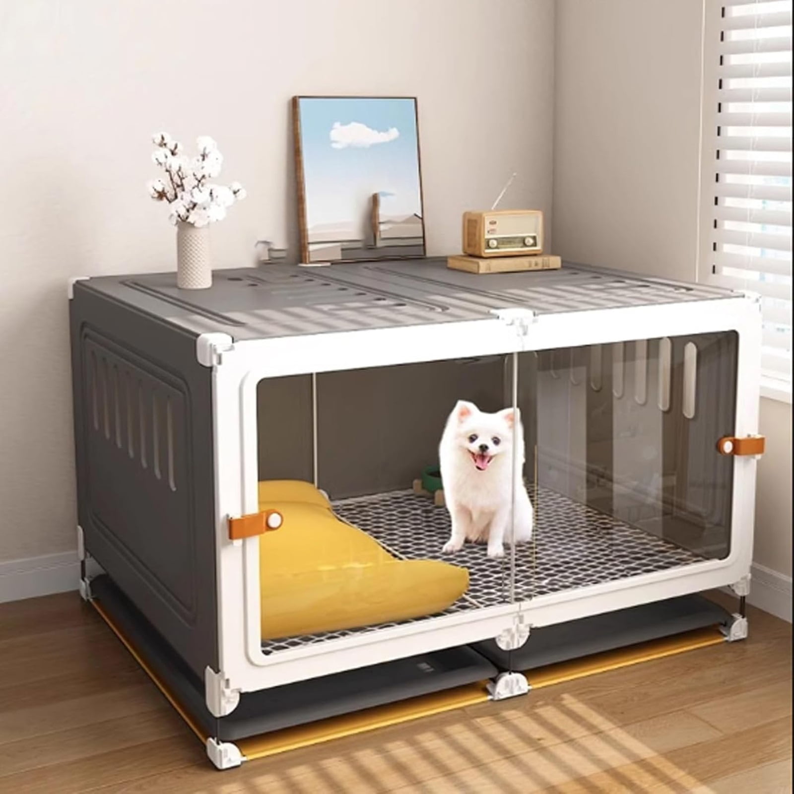Transparent Dog Cat Cage -Spacious Metal Pet Cage for Rabbits, Breathable Walls Pet Playpen with Pull-out Tray, Indoor/Outdoor Kennel Enclosure for Small Animals