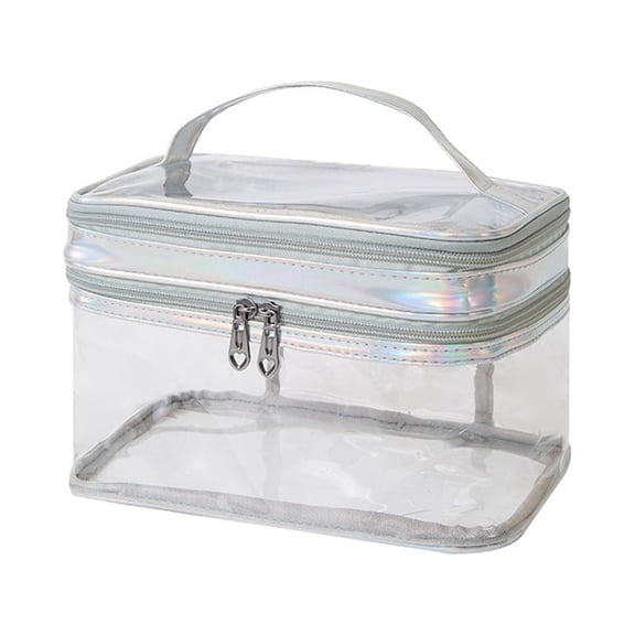 Transparent Double Layer Makeup Bag, Silver With Padded Interior For Cosmetic Storage Ideal For Travel Daily Use Organize Makeup Brushes Lipsticks Foundations Skincare