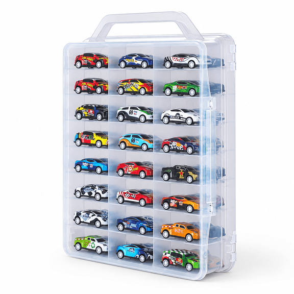 Transparent Double Sided -Cast Model Car Storage Case with 48 Compartments
