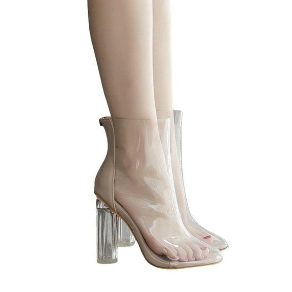 Transparent Dress Boots for Women Sexy Clear Pointed Toe Block High Heels Mid Calf Ankle Booties Wedding Christmas Party