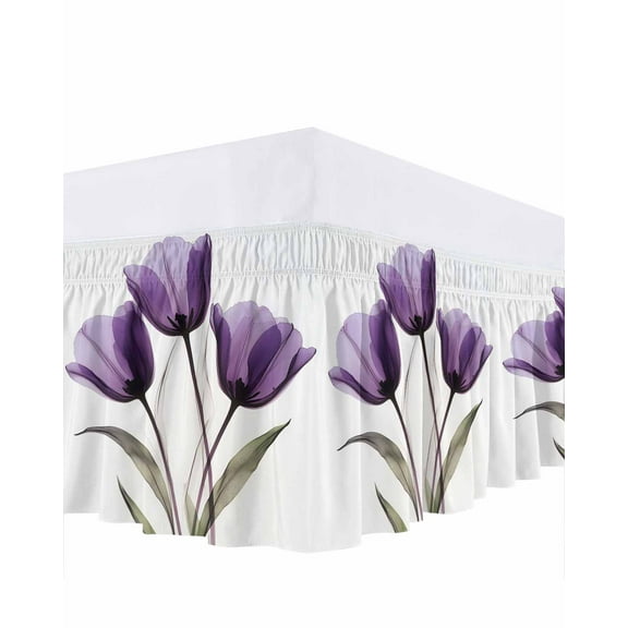 Transparent Effect Floral Bed Skirt King Size 16" Drop Delicate Purple Tulip Ruffled Wrap Around Bed Skirts Adjustable Elastic Bedskirt Dust Ruffle for King Size Bed