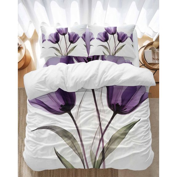 Transparent Effect Floral Bedding Duvet Cover Set Full Size 4 Pieces Delicate Purple Tulip Bedding Set with Zipper Closure, 1 Comforter Cover 86x90 Inches 1 Flat Sheet & 2 Pillow Cases