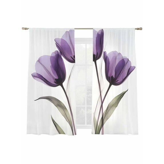 Transparent Effect Floral Sheer Curtains for Living Room Bedroom, Light-filtering Sheer Curtain, Delicate Purple Tulip Rod Pocket Voile Window Treatment Drapes, 52’’Wx72’’L, 2 Panels Set