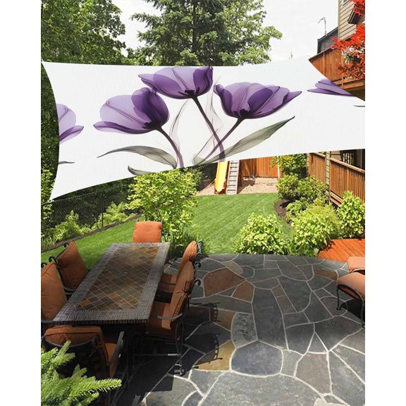 Transparent Effect Floral Waterproof Sun Shade Sail Delicate Purple Tulip Outdoor Patio Sun Shades Canopy UV Block Waterproof Sunshade for Garden Backyard Deck Pergola 6.5x10 Ft