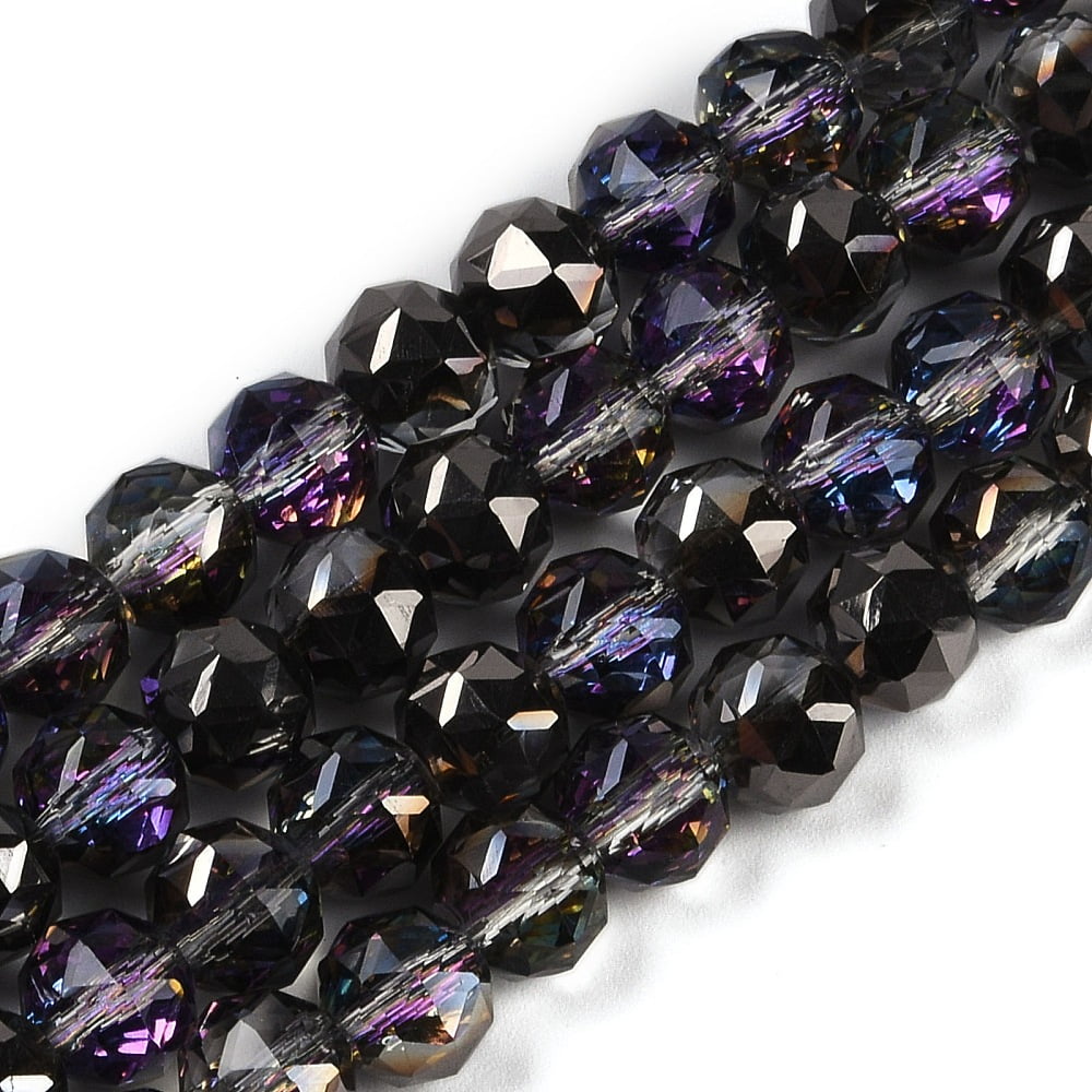 Transparent Electroplate Glass Beads Strands Faceted Round Black 7.5x7mm Hole: 1.2mm about 70pcs/strand 19.17~20.08''(48.7~51cm)