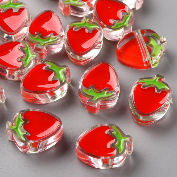 Transparent Enamel Acrylic Beads Strawberry Red Hole: 3.5mm 25.5x19x9mm