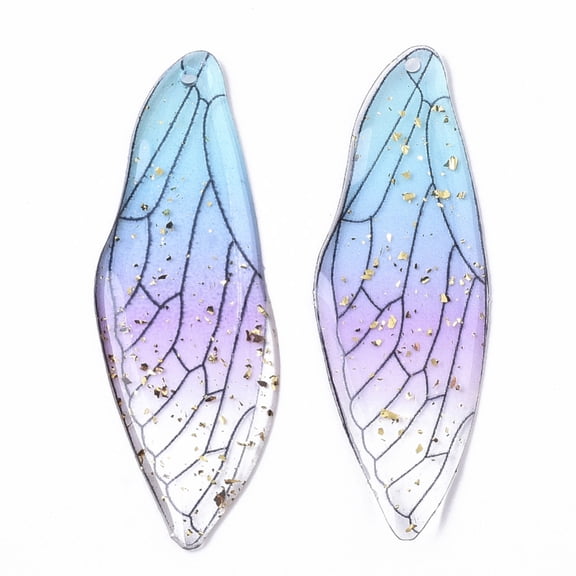 Transparent Epoxy Resin Big Pendants with Gold Foil Insects Wing Light Sky Blue 51x16.5x1~2.5mm Hole: 1.2mm DIY
