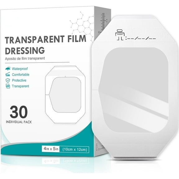 Transparent Film Dressing 4" x 4.75" Box of 30 - Waterproof Bandages for Swimming, Showering, Wounds, Post Surgical Shower or IV Shield, Tattoo Aftercare Bandage, Scar Therapy, Adhesive Patches