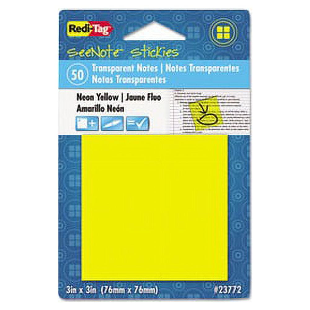 Redi-Tag SeeNotes Stickies — 3" X 3" Neon Yellow Transparent Adhesive Notes, 50 Sheets Per Pad, Repositionable & Removable