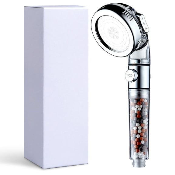 Transparent Filter Cartridge Negative Ion Shower Head, Chrome Plated Water Saving Handheld Shower with One-Click Pause Function for Dry Hair & Sensitive Skin