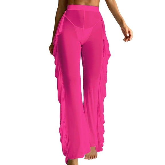 Transparent Flared Trousers Women's Wide Leg Trousers Transparent Mesh Beach Trousers Elastic Bikini Cover Up Ruffle High Waist Long Pants Mesh Swimsuit Party Rave Outfit