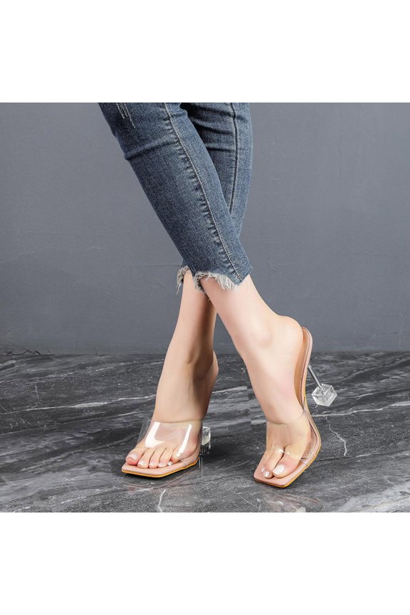 Transparent Flat Belt Thin Heel Half Drag Women's Shoes 2026 Early Spring Square Toe Toe One Foot High Heels Slippers