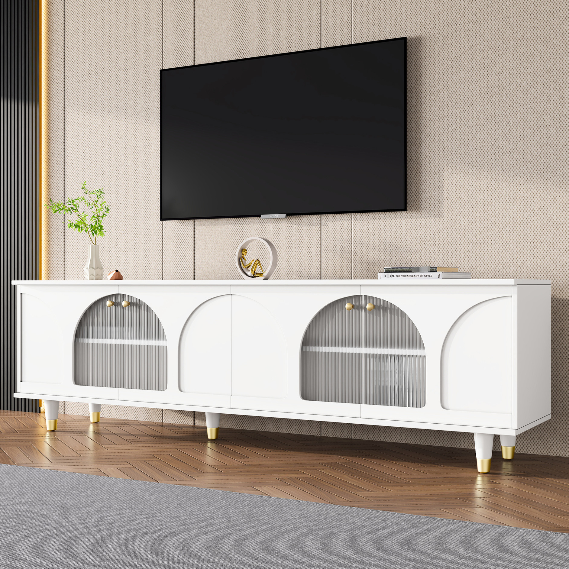 Transparent Fluted Glass TV Stand+Unique Leg Design