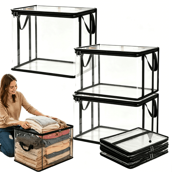 Transparent Folding PVC Storage Box, 3 Pcs Waterproof Storage Container for Clothing, For Clothing Storage(RL Black)
