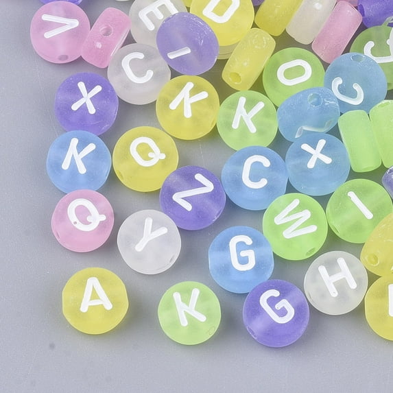 Transparent Frosted Acrylic Beads Horizontal Hole Flat Round with Random Initial Letter Mixed Color
