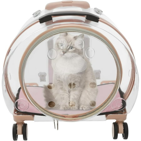 Transparent & Fully Breathable Hard Cat Carrier with Rolling Wheels, Multiple Carrying Carrier for Cats, Dogs, Or Bunnies for Traveling, Taking a Walk, Applicable Weighing up to 19.84lbs (Pink,Clear)