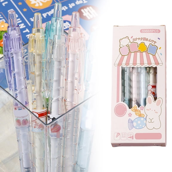 Transparent Gel Pen - Push Click Pen 0.5mm Black Ink - Quick Drying Smooth Writing - Cute Design Pen - 6 Pack