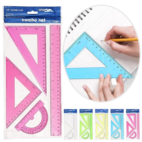 Transparent Geometry Ruler Set 4 Piece, Clear Plastic Measuring Tools with 12 Inch Ruler, 180 Degree Protractor, 45° & 60° Triangle Rulers for Precise Drawing, Drafting, Math and Engineering