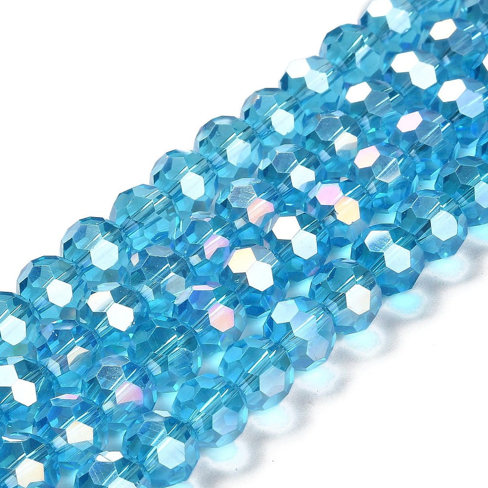 Transparent Glass Beads 32 Facets AB Color Plated Round Deep Sky Blue 10x8.5~9mm Hole: 1.6mm about 67pcs/strand 23.62''(60cm)