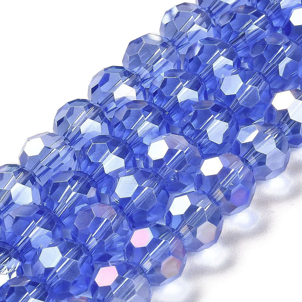 Transparent Glass Beads 32 Facets AB color Plated Round Cornflower Blue 10x8.5~9mm Hole: 1.6mm 67pcs/strand 23.62''(60cm)