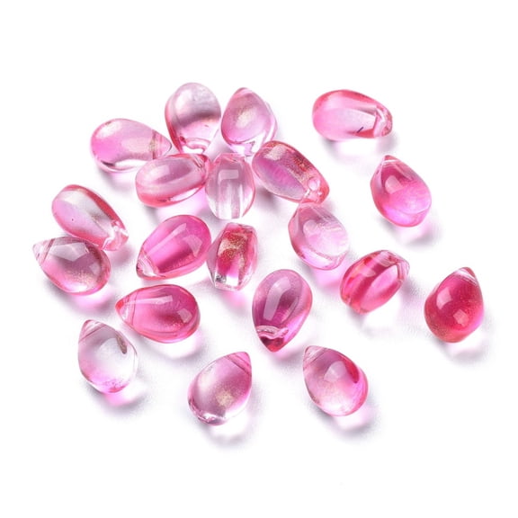 Transparent Glass Charms Glitter Gold Powder Teardrop Hot Pink 9x6x5mm Hole: 1mm