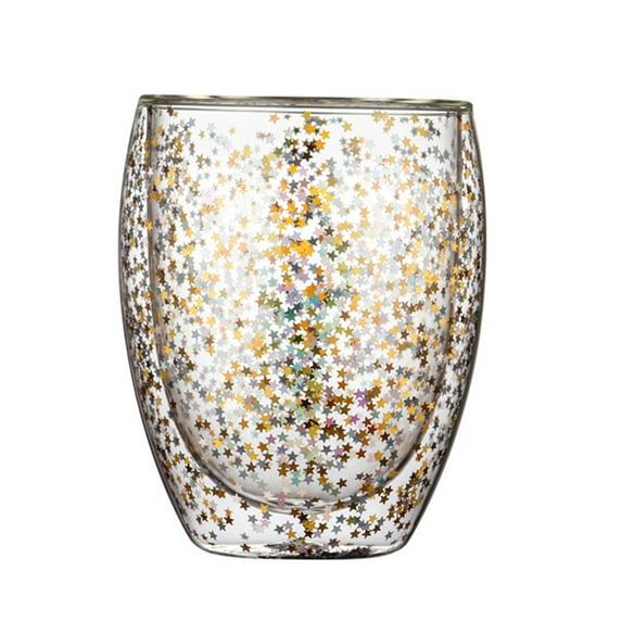 Transparent Glass Coffee Cups Double Wall Heat-Resistant Glass Cup for Creative for Sky Star Sequins Cups Whiskey Beer M