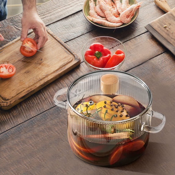 Transparent Glass Cooking Pot,1.6L Heat-Resistant Soup Stew Pot with Wooden Handle and Lid,Non-Stick Easy Clean Pot for Stove Top Slow Cooking Boiling,Multi-Purpose Kitchen Cookware for Home-A