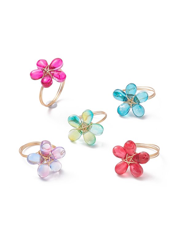 Transparent Glass Finger Ring with Eco-Friendly Copper Wire Wrapped Ring for Women Long-Lasting Plated Flower Mixed Color US Size 7 1/4(17.5mm)