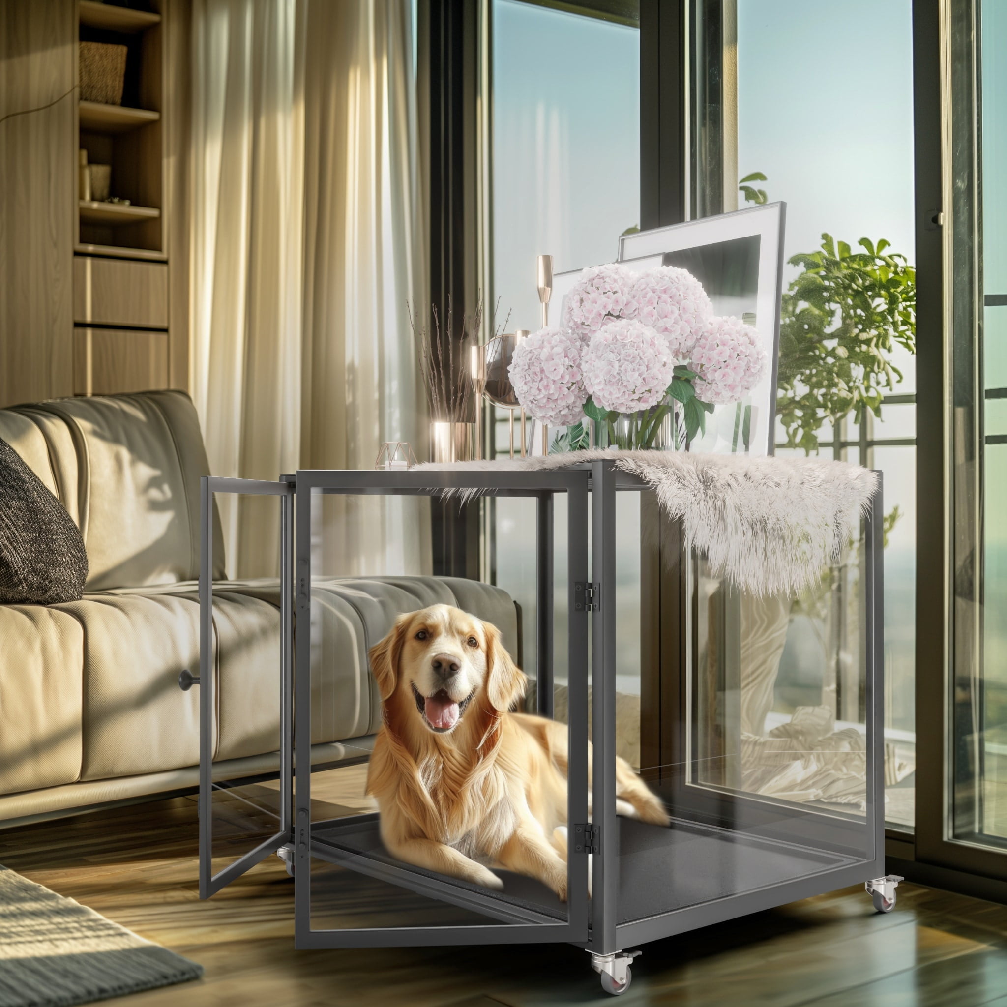 Extra Large Black Aluminum and Glass Pet Crate End Table