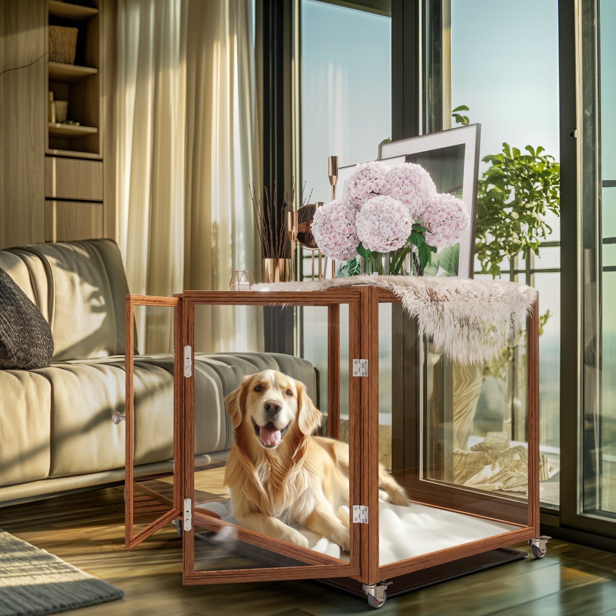 Extra Large Transparent Glass and Wood Pet Crate End Table