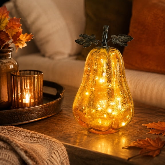 Transparent Glass Pumpkin Timer Night Light, Soft Warm LED Auto 6 Hour Cycle Anti Tip Base Design, Seasonal Ornament for Desktop Bedroom Holiday Interior Decoration Use