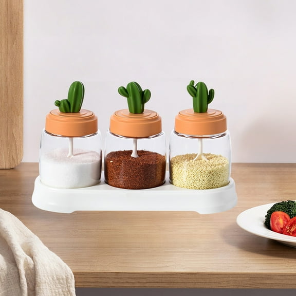 Transparent Glass Spice Jar, Large Opening Sealing Container, Easy Scooping Mess-Free Storage, Cactus Design, Ideal Kitchen Pantry, Fresh Herb Salt Storage, Pantry Organization Helper Akmoler